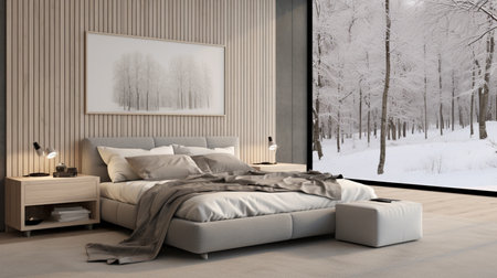 3d rendering of a bedroom interior in winter with snow and treesの素材