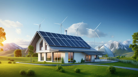 House with solar panels and wind turbines in the background. 3d renderingの素材