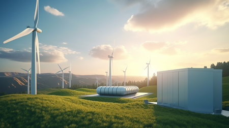 Wind turbines on a green meadow. 3d render. Renewable energy conceptの素材