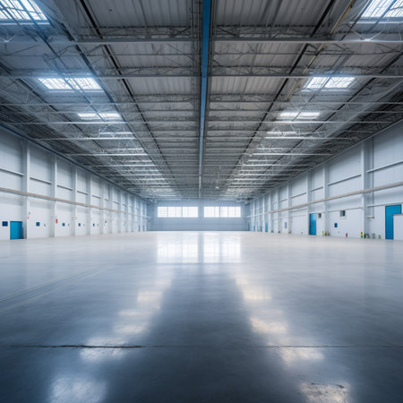 interior of empty warehouse with blue wall and floor, industrial backgroundの素材