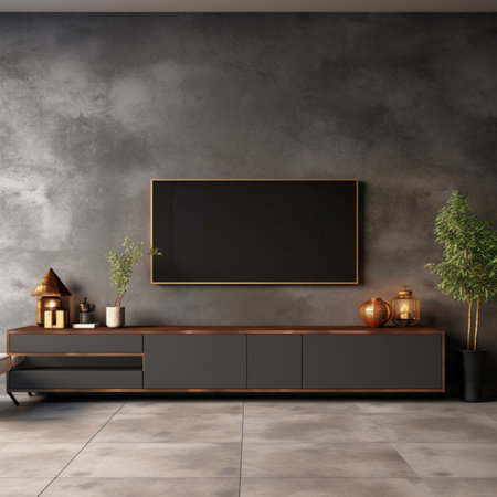 Interior of modern living room with gray walls, tiled floor, dark wooden commode and black mock up poster frame. 3d renderingの素材