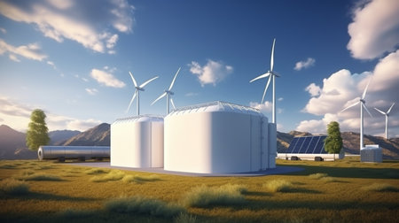 3d rendering of wind farm with solar panels and wind turbines.の素材