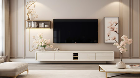 TV cabinet in modern living room. 3d render illustration mock upの素材