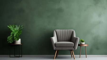 Green living room with armchair and plant - 3D Renderingの素材