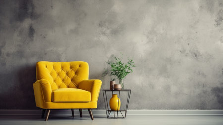 Yellow armchair in modern living room interior with plant and coffee tableの素材