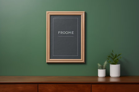 Wooden frame with text FORCE on green wall. 3d renderingの素材
