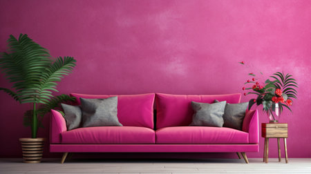 Pink sofa in modern living room with plant. 3d render illustrationの素材