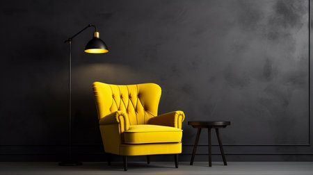 Yellow armchair in black room with floor lamp. 3d renderingの素材