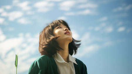 A shot of a young asian woman with blue sky and cloudsの写真素材