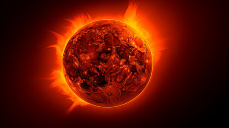 3D illustration of a planet in fire on a dark background.
