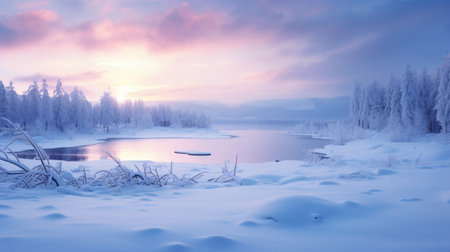 Winter landscape with frozen lake and forest at sunset. Beautiful nature background.の写真素材