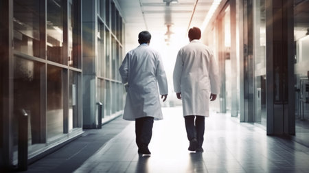 Rear view of two doctors walking in the corridor of a hospitalの写真素材