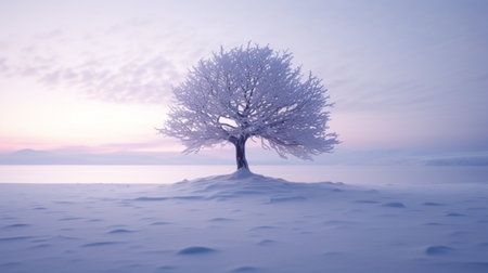 Winter landscape with lonely tree in snow. 3d render illustration.の素材