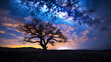 Night sky with stars and silhouette of a big tree in the foregroundの素材