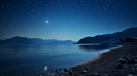 Beautiful night landscape with starry sky over the sea and mountainsの素材