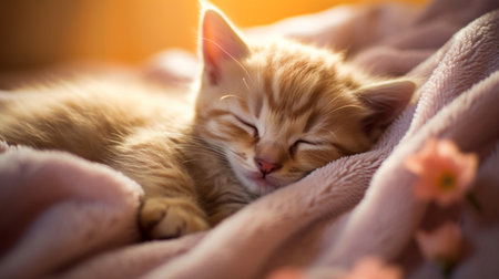 Cute little kitten sleeping on pink blanket. Fluffy pet.の素材