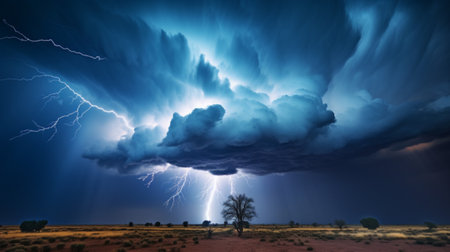 Stormy sky with lightning and lightning strike in the desert. 3d renderingの素材