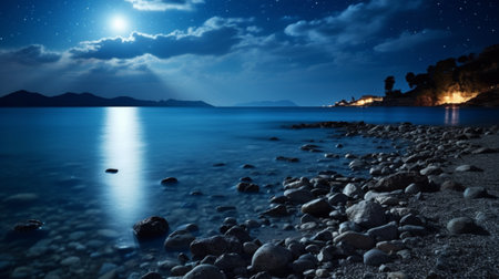 Night seascape with moon and stars. Composition of nature.の素材