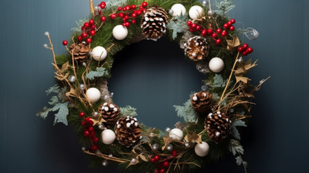 Christmas wreath with pine cones and red berries on dark blue backgroundの素材