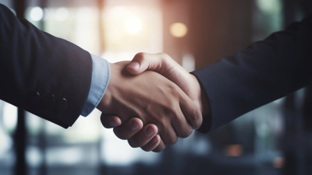 Close up of business people shaking hands in office. Handshake concept.の素材