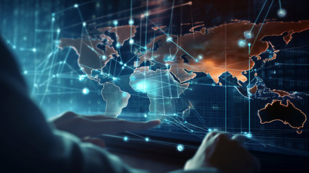 Businessman working on digital media screen with world map. Mixed mediaの素材