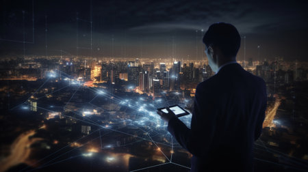 Businessman with tablet pc against night cityscape and network hologramの素材