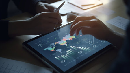 business, technology, internet and networking concept - close up of businessman hands working with tablet pc computer and financial charts at officeの素材