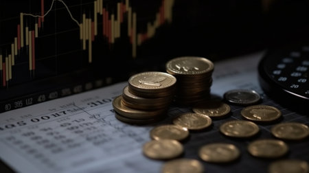 Coins and calculator on the background of the stock exchange chart.の素材