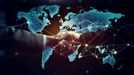 Businessman hand touching global network connection on dark background 3D renderingの素材