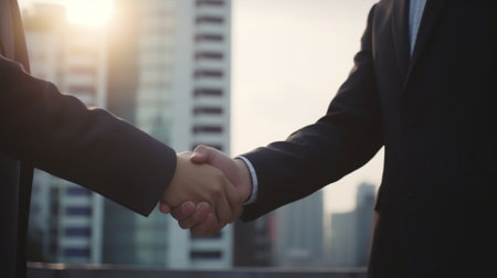 Businessman and businesswoman shaking hands to seal a deal or deal.の素材