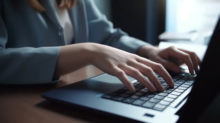 Close up of businesswoman hands typing on laptop keyboard in office.の素材