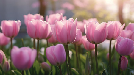 Tulips blooming in the garden with sunlight. Beautiful pink tulip.の素材