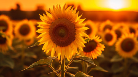 Sunflower field at sunset. Sunflower natural background. Sunflower blooming.の素材