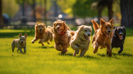 Group of Golden Retriever dogs running in the green grass.の素材