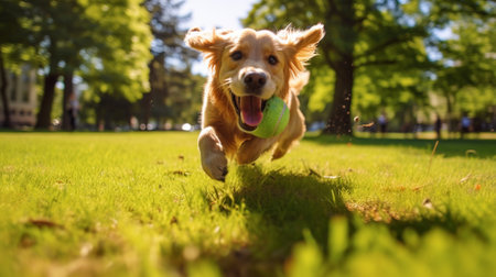 Golden retriever dog running with a ball in the green grass.の素材