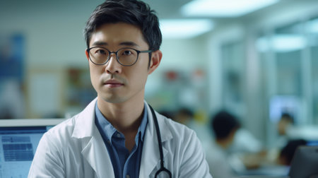 Portrait of young Asian male doctor in white coat and stethoscopeの素材