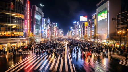 Shibuya Crossing at night in Tokyo, Japan.の素材