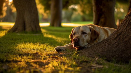 Labrador Retriever on the grass in the park at sunsetの素材