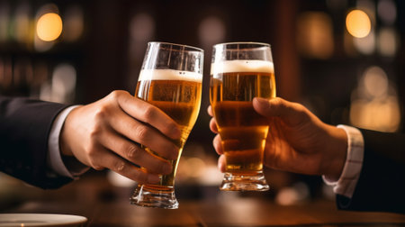cropped shot of man and woman clinking glasses of beer at barの素材
