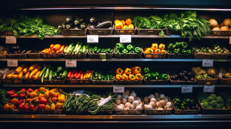 Fruits and vegetables on the shelves of a grocery store. Blurred backgroundの素材