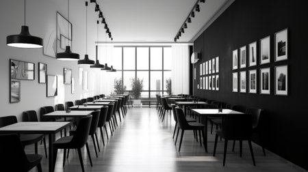 Black and white interior of a modern cafe. 3D rendering.の素材