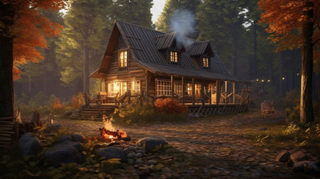 Wooden house in the forest at sunset. 3d render.の素材