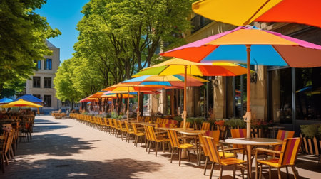 Outdoor cafe with colorful umbrellas and chairs in the cityの素材