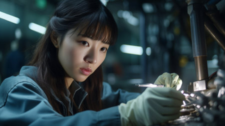 young chinese woman working in a factory,focus on the eyeの素材