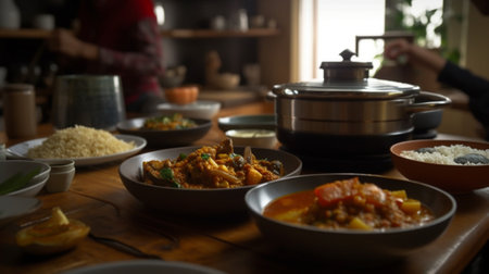 Korean traditional food, Kimchi and rice on the table.の素材