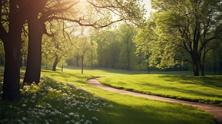 Beautiful spring park with sun rays and green grass. Nature backgroundの素材