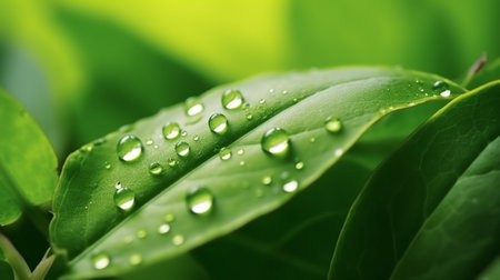 Green leaves with water drops close up. Natural background. Selective focus.の素材