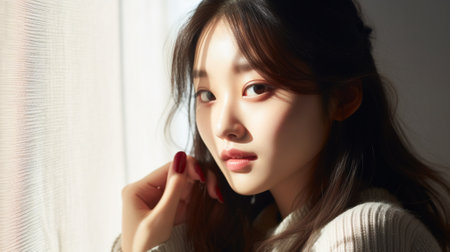 Portrait of beautiful asian woman in white sweater with red lipsの素材