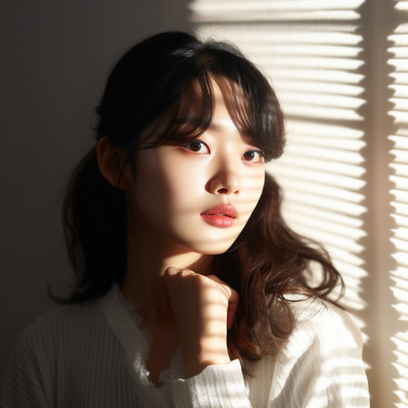 Portrait of beautiful asian woman in white sweater with blindsの素材