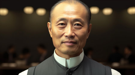 Portrait of a senior asian man in a restaurant, closeupの素材